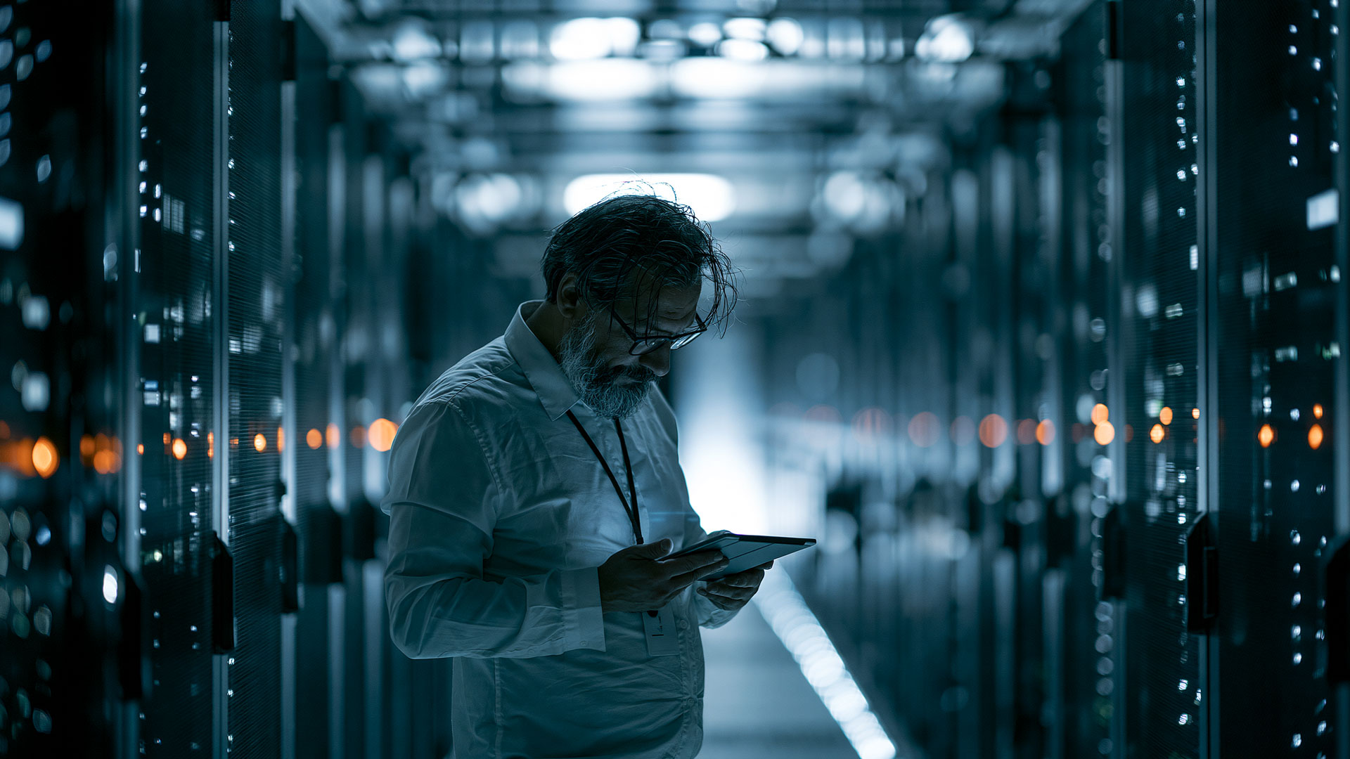 quiet enterprise data center aisle, single engineer reviewing a tablet